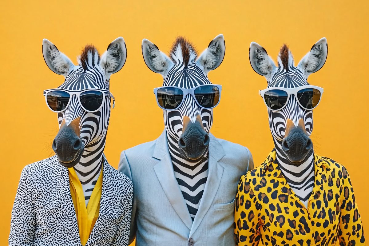 Three well-dressed zebras in suits and sunglasses