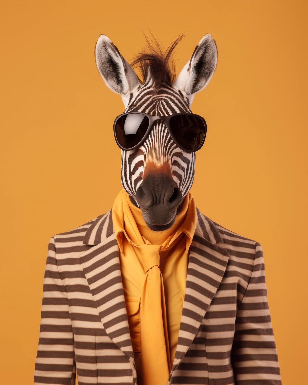 A zebra in a striped blazer and sunglasses