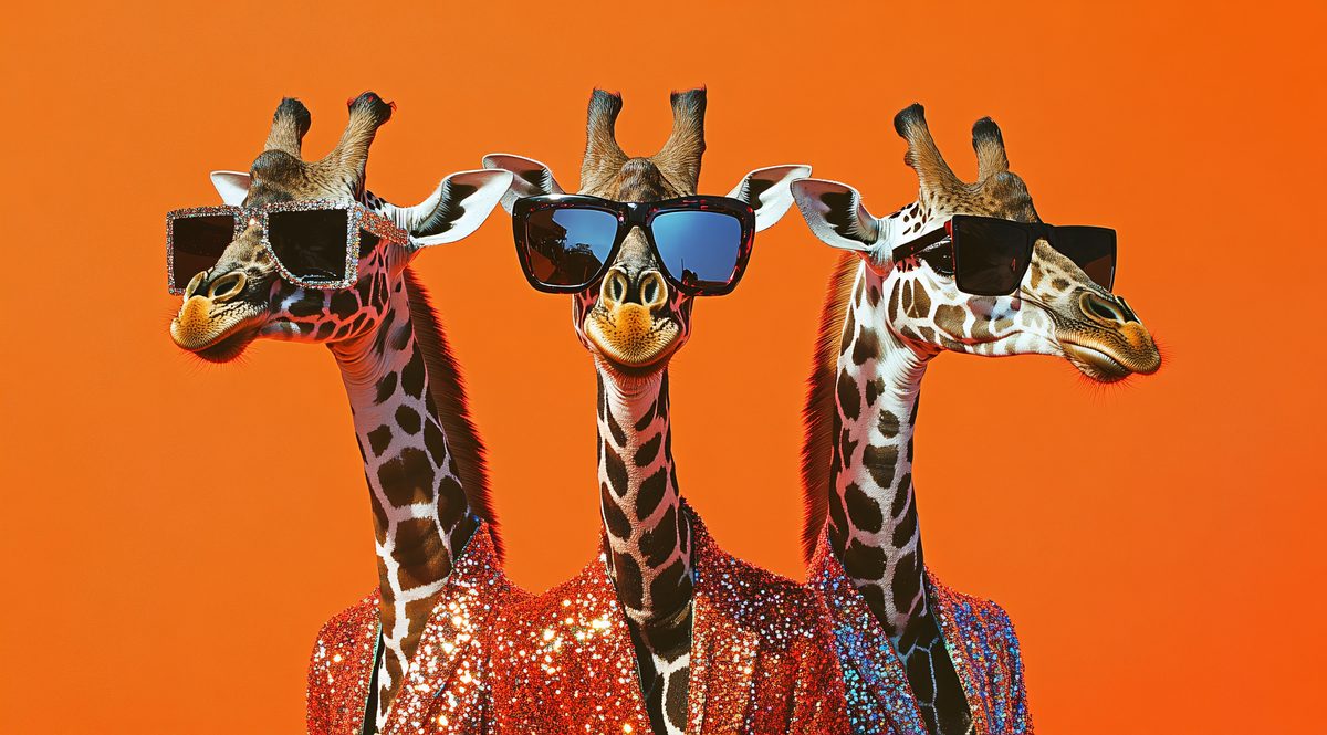 Three giraffes in suits and sunglasses