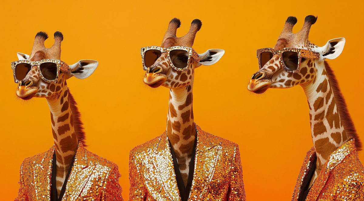 Three giraffes in gold sequin suits