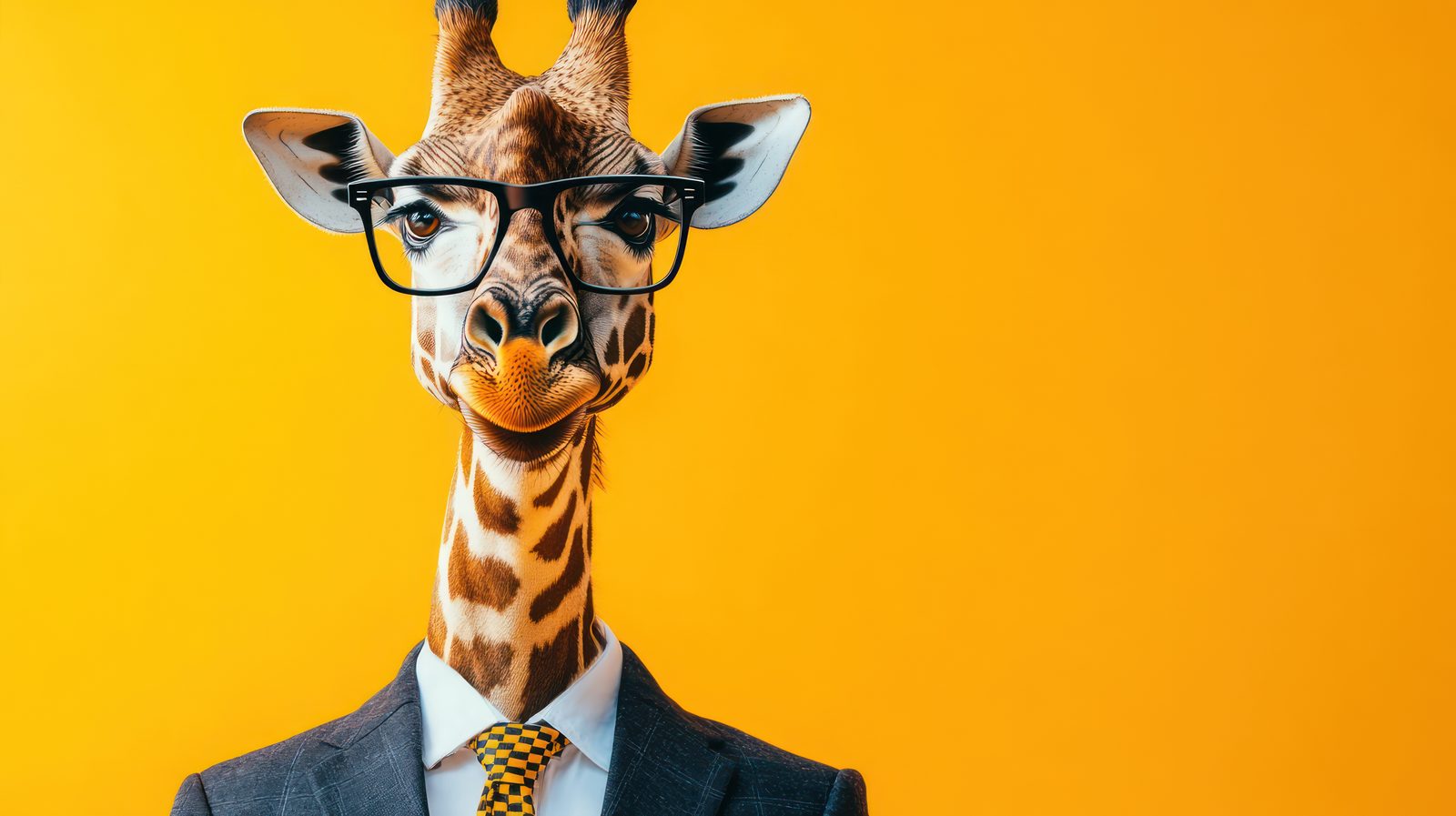 A smartly dressed giraffe in glasses and a suit