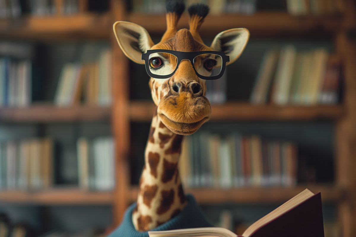 A giraffe in glasses and a sweater reading a book in a library