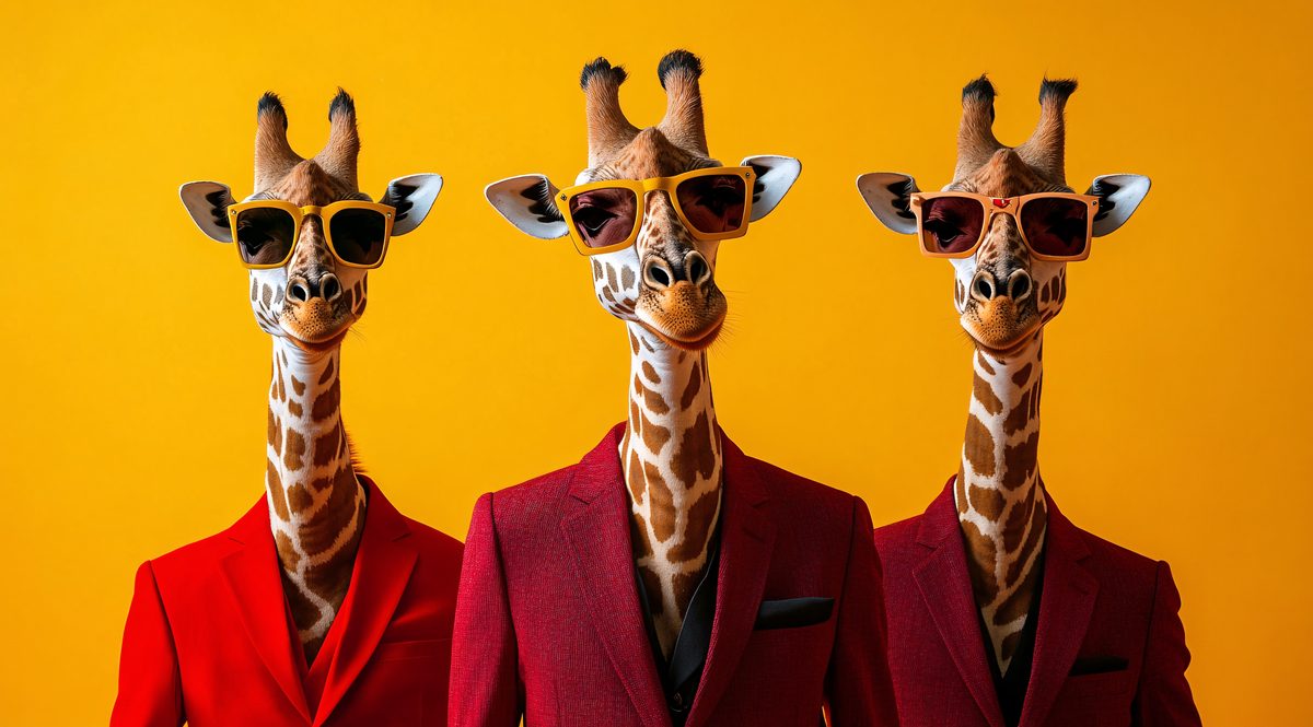 Three sharply dressed giraffes in red suits
